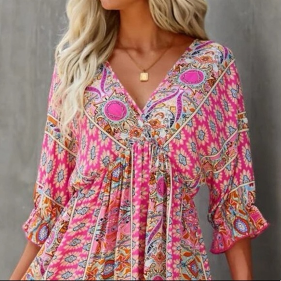 New Plunge V Neck Boho Print Mini Dress Pink Open Tie Back Coverup - Picture 4 of 8